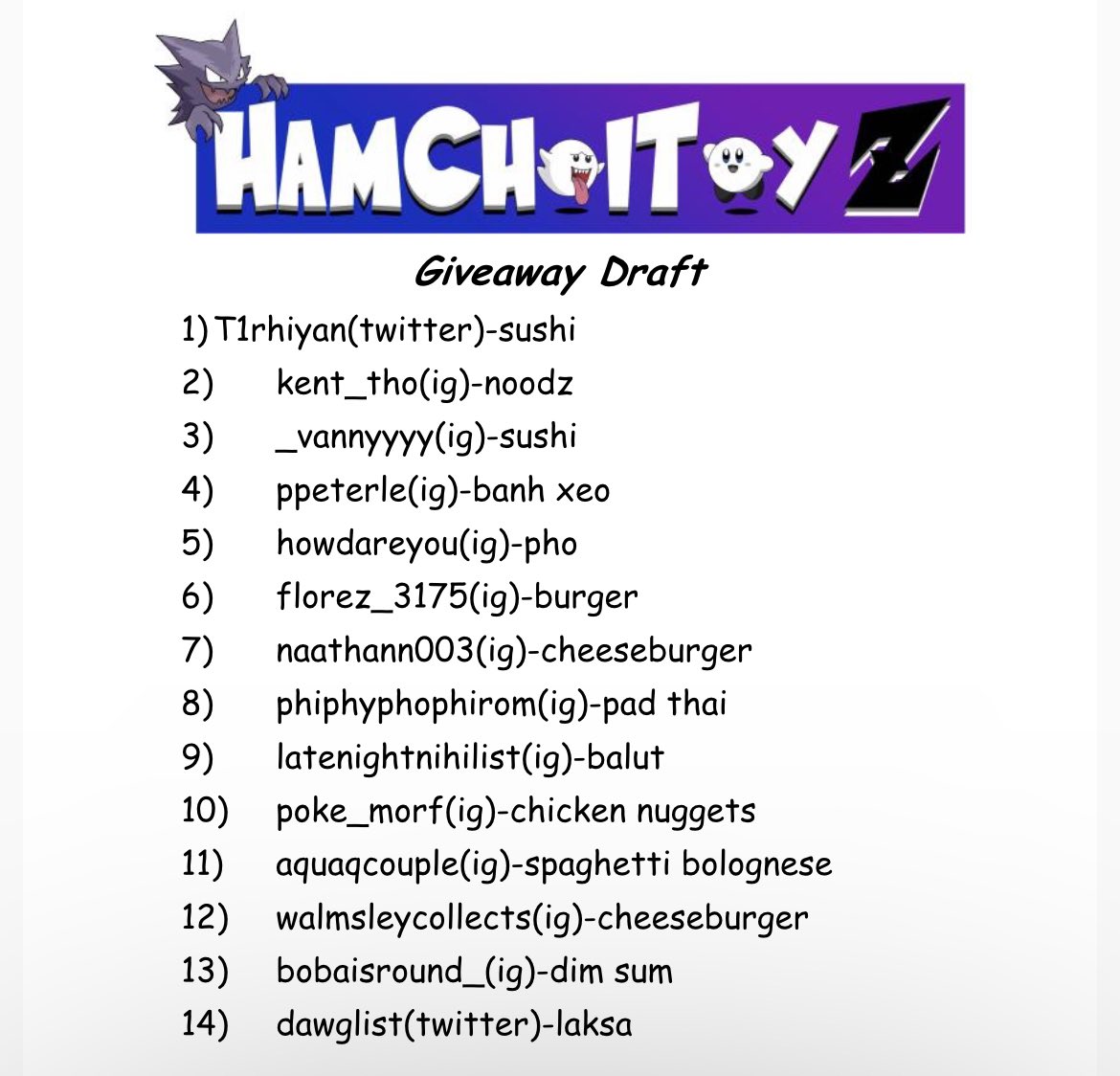HamChoiToyZ's tweet photo. 🗣️Quick announcement!!!🚨Just wanted to give everybody an update that I’ve been sick these past few days and I’m still recovering lol. The giveaway is going to be extended till this Friday 5PM PST! Here’s is the contestant so far!

To enter:
Like ❤️
Share 🔁
Follow 🏃 https://t.co/bIODUsYytB