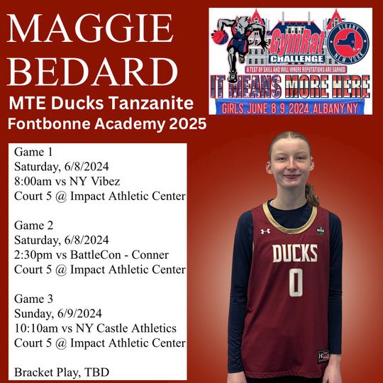 Maggie Bedard (@maggiebedard3) on Twitter photo Super excited to play at the Gym Rat Challenge in Albany, NY this weekend with my MT Elite Ducks UA Rise Tanzanite team!!! Attached below is my schedule‼️‼️ Super excited to play at the Gym Rat Challenge in Albany, NY this weekend with my MT Elite Ducks UA Rise Tanzanite team!!! Attached below is my schedule‼️‼️