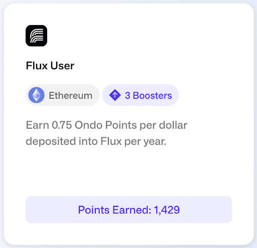 FluxDeFi's tweet photo. Holding stablecoins on Ethereum? Earn points by lending them at @FluxDeFi.  

Earn 0.75 Ondo Points per $USDC, $USDT, $DAI, and $FRAX lent per year.  

Ondo Points for the Flux User campaign are calculated and attributed weekly.  

Learn more at: https://t.co/5q0isqxytP https://t.co/3LeP2OzuhC