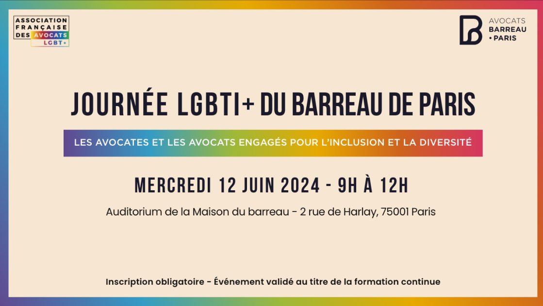 🏳️‍🌈 À l’occasion du mois des fiertés, l’asso des <a href="/avocatslgbt/">Association Française des Avocats LGBT+ (AFALGBT+)</a> organise, en partenariat avec l’Ordre des <a href="/Avocats_Paris/">Avocats de Paris</a>, la 1ère journée LGBTI+ du Barreau de Paris le 12 juin 2024 de 9h à 12h ! 🏳️‍🌈

Programme : avocatparis.org/agenda-des-for…

⬇️LIEN D’INSCRIPTION ⬇️
…e-lgbt-barreau-de-paris.eventmaker.io/fr/registratio…