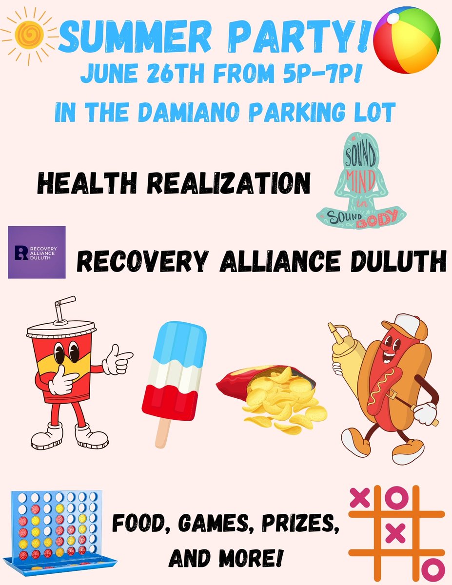Join Health Realization and Recovery Alliance Duluth for our Summer Party on June 26th from 5p-7p!