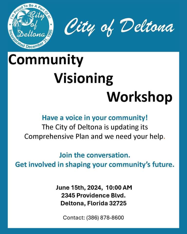 The @CityofDeltonaFL Commission Visioning Workshop is on Saturday, June 15, 2024, at 10am until noon in the Commission Chambers. The workshop is for the City Commission, Planning and Zoning Board, and the public to work together, and to give staff and the consultant ideas of what…