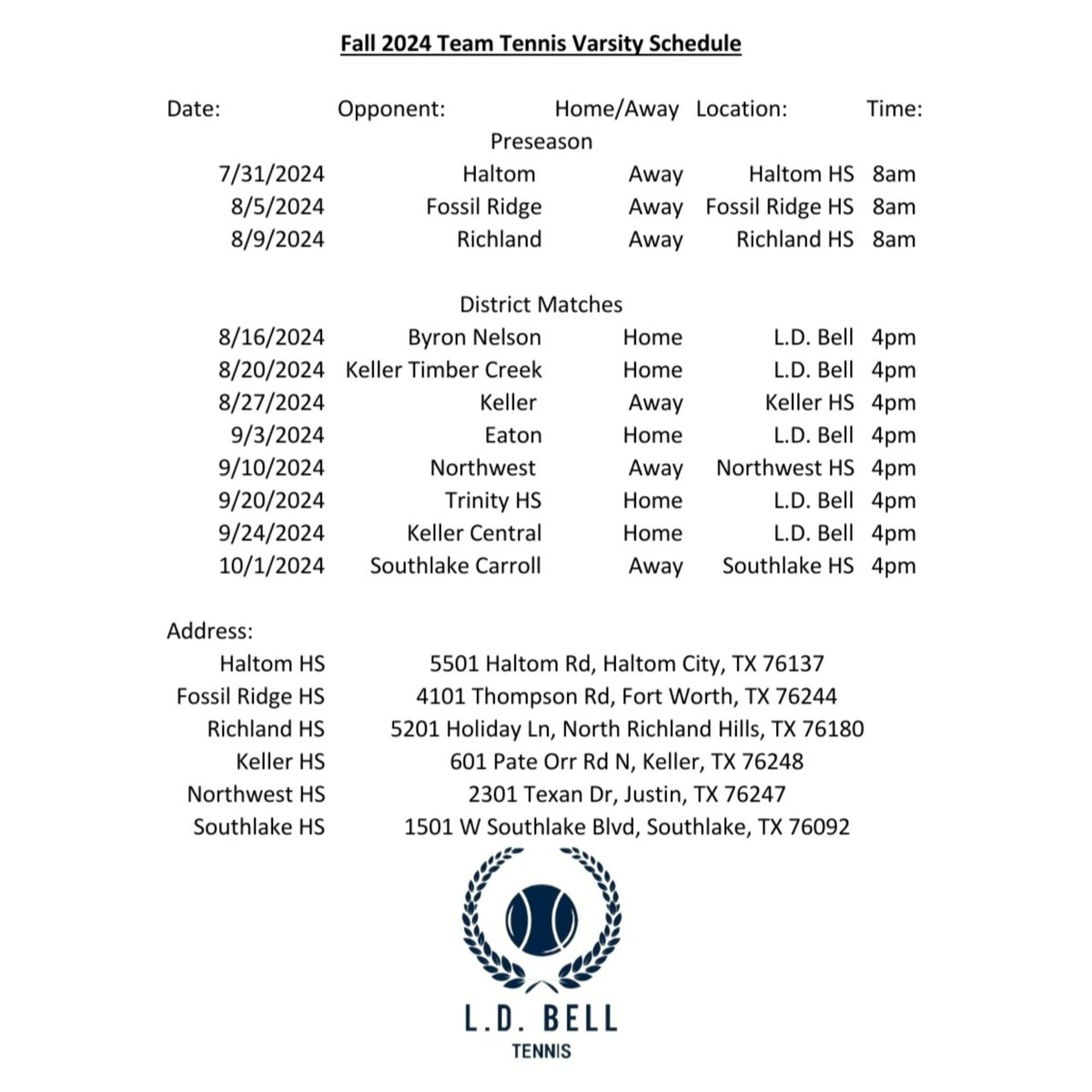 L.D.Bell Tennis Fall 2024 Schedule