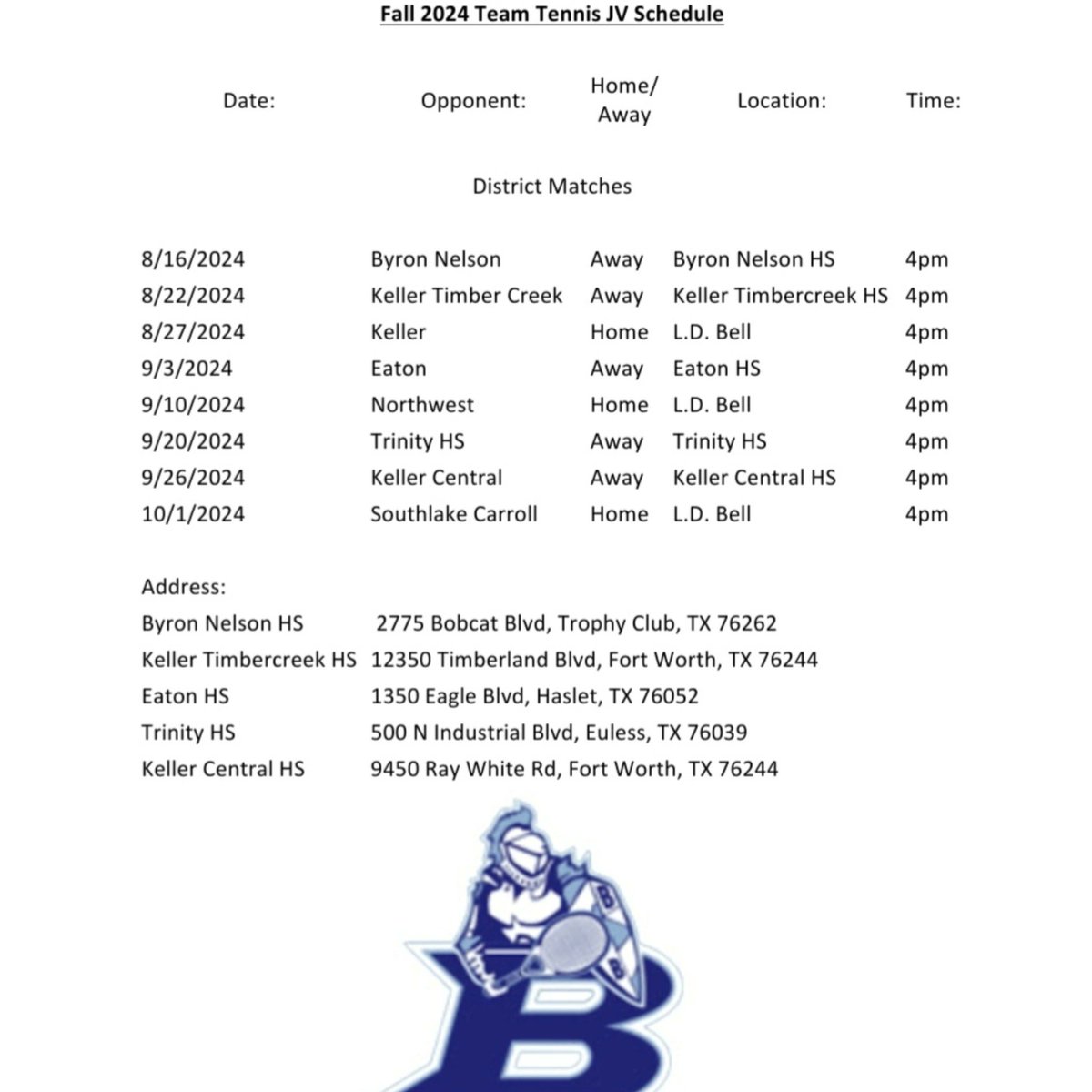 L.D. Bell JV Tennis Fall 2024 Schedule
