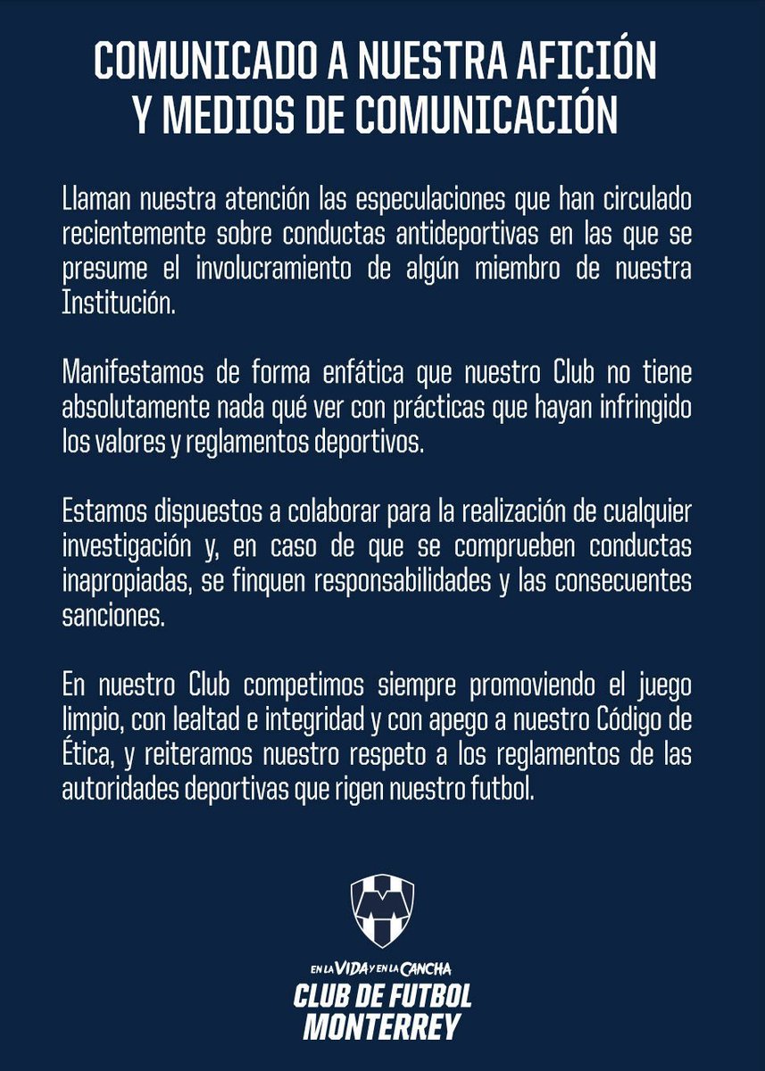 Rayados's tweet photo. Comunicado a nuestra Afición y a los Medios de Comunicación. 📝

#EnLaVidaYEnLaCancha https://t.co/q5gKlRGypJ