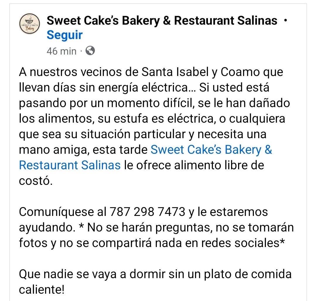 TorresGotay's tweet photo. Una panadería en Salinas ofrece comida gratuita, sin fotos y sin preguntas, a quien no tenga luz.  Hay sectores de Salinas, Santa Isabel y Coamo, que llevan días sin luz https://t.co/ZRdy13va91