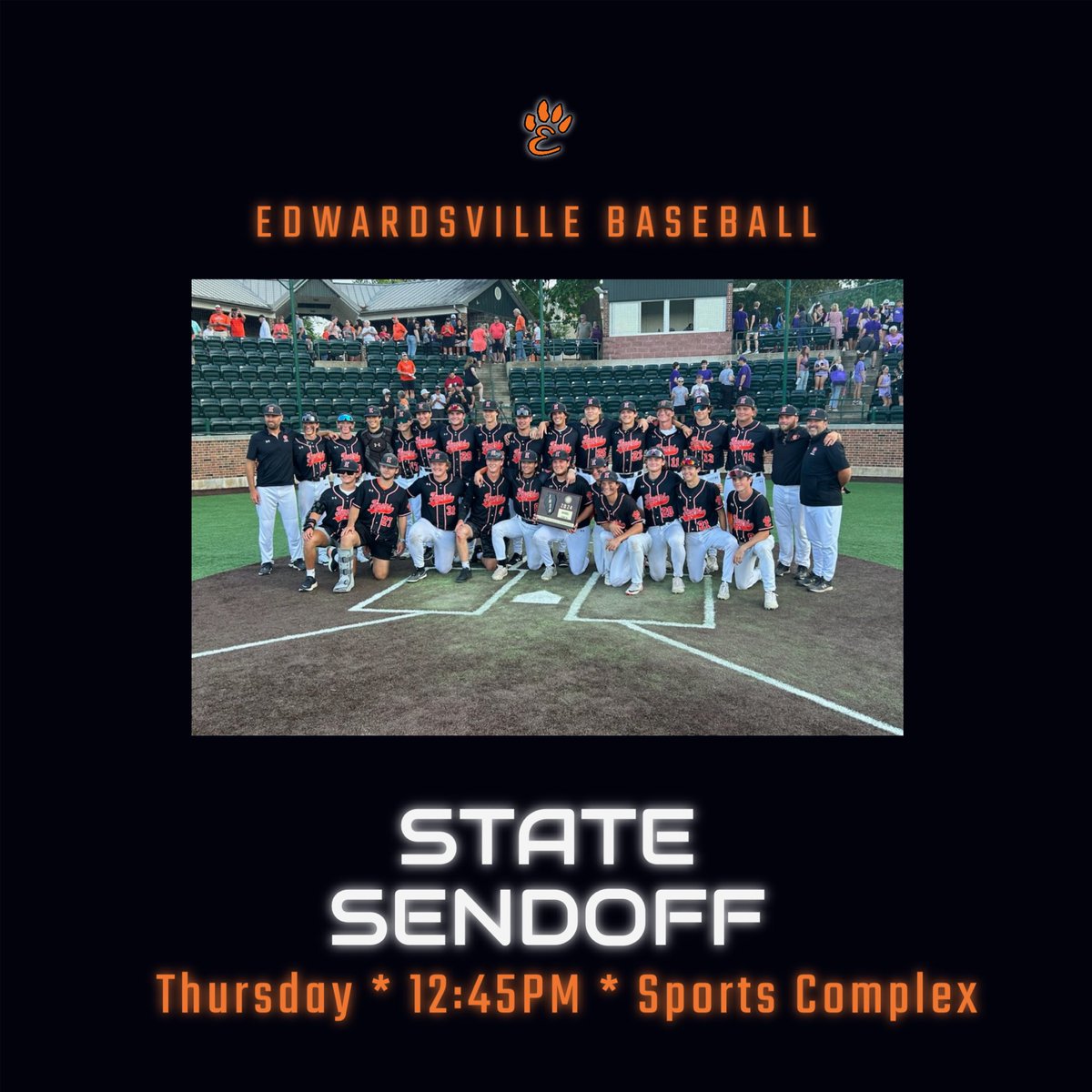 Edwardsville618's tweet image. 🚨Attention, Tiger Nation! 🚨

Join us at the District 7 Sports Complex to send off our baseball team to the IHSA State Tournament on Thursday! Let's show our Tigers some love and support as they head off to make us proud. See you there! 🧡⚾️🖤

#HUSTLE #StateBound #GoTigers