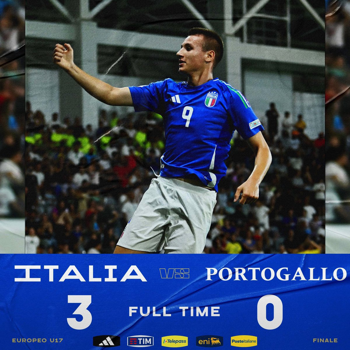 Azzurri's tweet photo. ⏱️ 𝐑𝐈𝐒𝐔𝐋𝐓𝐀𝐓𝐎 𝐅𝐈𝐍𝐀𝐋𝐄

🇮🇹🇵🇹 #ItaliaPortogallo 3️⃣-0⃣
7’ Coletta; 16’ e 50’ Camarda

#U17EURO
#Under17 #Azzurrini #VivoAzzurro https://t.co/mTasKzLebz