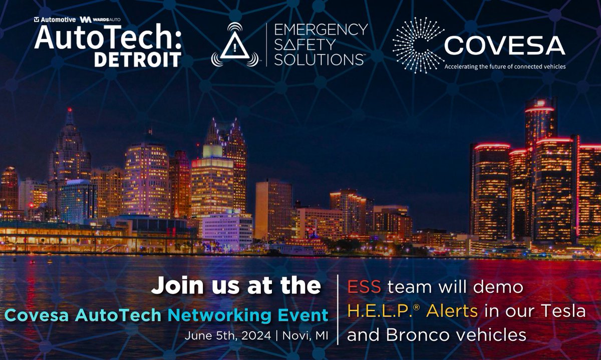 ESS_Help's tweet image. Our team will be demoing our H.E.L.P. Alerts in our Bronco and Tesla vehicles, today June 5th.

Direct message us for an access code to join!
📍 The 5th of Novi, MI 

#ESSHELP #Covesa #AutoTechDetroit #DemoVehicles #Tesla #FordBronco
