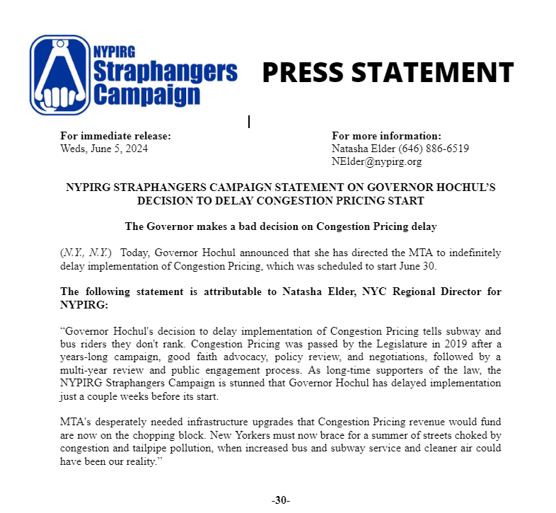 Today, transit advocates and local electeds stood outside the office of <a href="/GovKathyHochul/">Governor Kathy Hochul</a> demanding that #CongestionPricing move forward! Congestion pricing is the only plan that will  provide long needed upgrades to antiquated transit infrastructure! 

See our press release below: