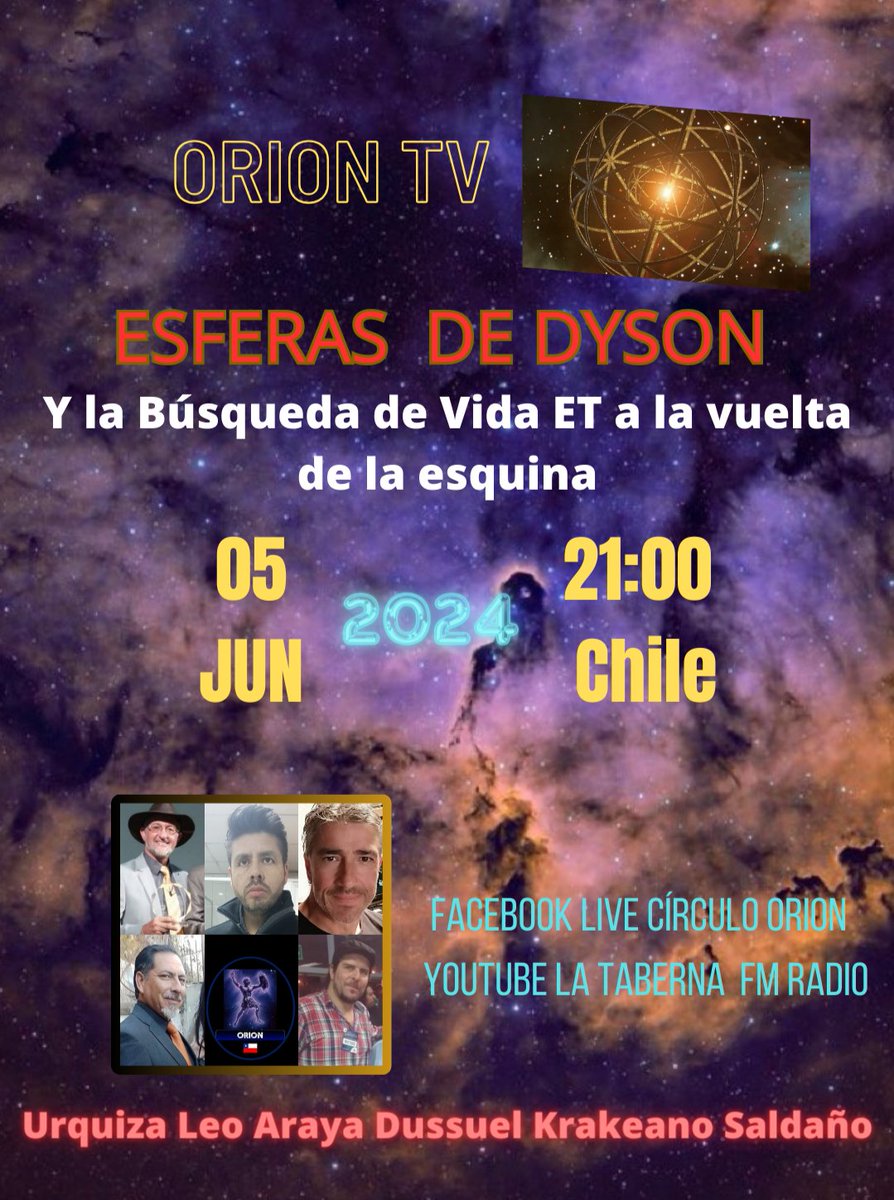 circuloORION's tweet photo. ¿Existe Vida ET Inteligente? En Orión TV te lo contamos hoy miércoles 5 de junio con "Las Esferas de Dyson y la Búsqueda de Vida ET a la vuelta de la esquina". 21 hrs x Face Live Círculo Orion y YouTube La Taberna FM Radio🛸 #ripamonti #nicolascastillo #paulmccartney #colocolo https://t.co/zS8Giz3DHw
