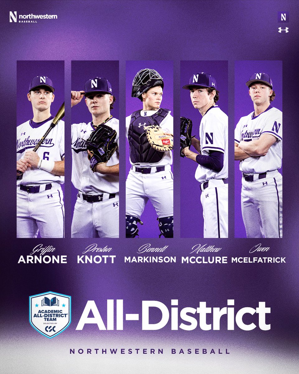 Northwestern Baseball (@nucatsbaseball) on Twitter photo Congrats to our 5️⃣ <a href="/CollSportsComm/">College Sports Communicators</a> Academic All-District honorees! 👏
🟣 <a href="/griffinarnone/">Griffin Arnone</a>
🟣 <a href="/Pknott_4/">Preston Knott</a>
🟣 <a href="/bmarkinson9/">Bennett Markinson</a>
🟣 <a href="/_matt_mcclure/">matthew mcclure</a>
🟣 <a href="/o_mcelfatrick/">Owen McElfatrick</a> Congrats to our 5️⃣ <a href="/CollSportsComm/">College Sports Communicators</a> Academic All-District honorees! 👏
🟣 <a href="/griffinarnone/">Griffin Arnone</a>
🟣 <a href="/Pknott_4/">Preston Knott</a>
🟣 <a href="/bmarkinson9/">Bennett Markinson</a>
🟣 <a href="/_matt_mcclure/">matthew mcclure</a>
🟣 <a href="/o_mcelfatrick/">Owen McElfatrick</a>