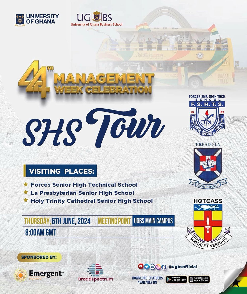 ugbsofficial's tweet photo. ππ Join us for the 44th Management Week Celebration SHS Tour!
π
Date: 6th June 2024
π Meeting Point: UGBS Main Campus
β° Time: 8:00 AM GMT
Visiting:
β Forces SHTS
β La Presbyterian SHS
β Holy Trinity Cathedral SHS
#UGBS #ManagementWeek #44MWC #SHSTour https://t.co/h2QOIcJLnm