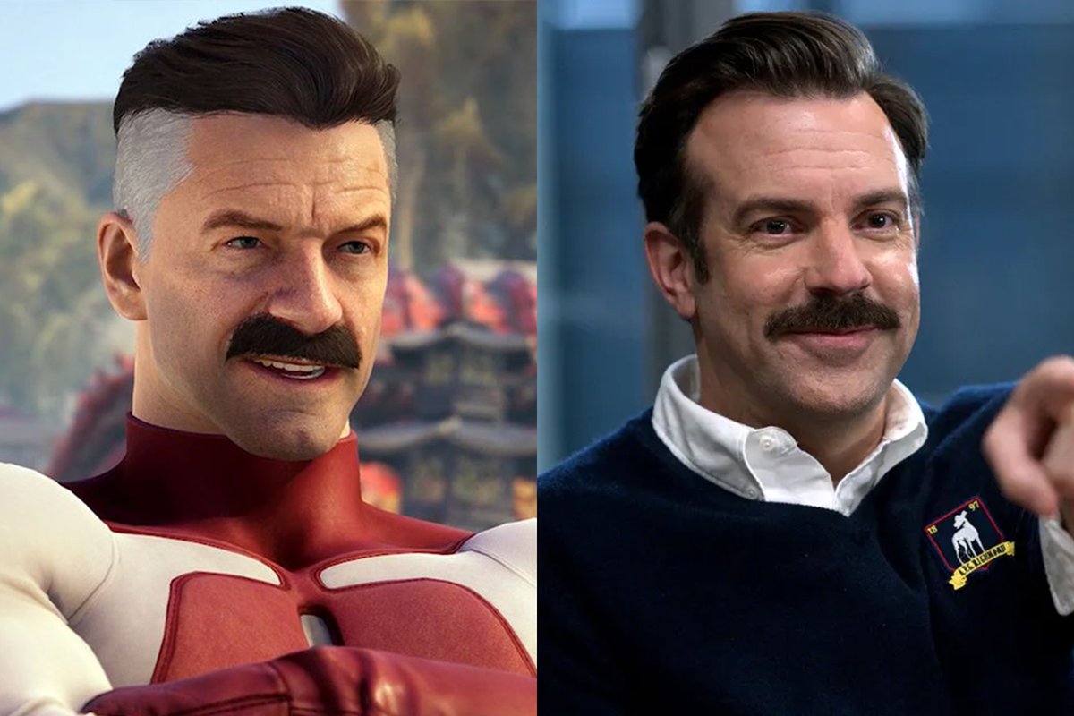 NateBeasley's tweet photo. Am I the only one who thinks MK1 Omni-Man kinda looks like a jacked Ted Lasso? @NetherRealm @jasonsudeikis @TedLasso https://t.co/ELVhs2VQgx