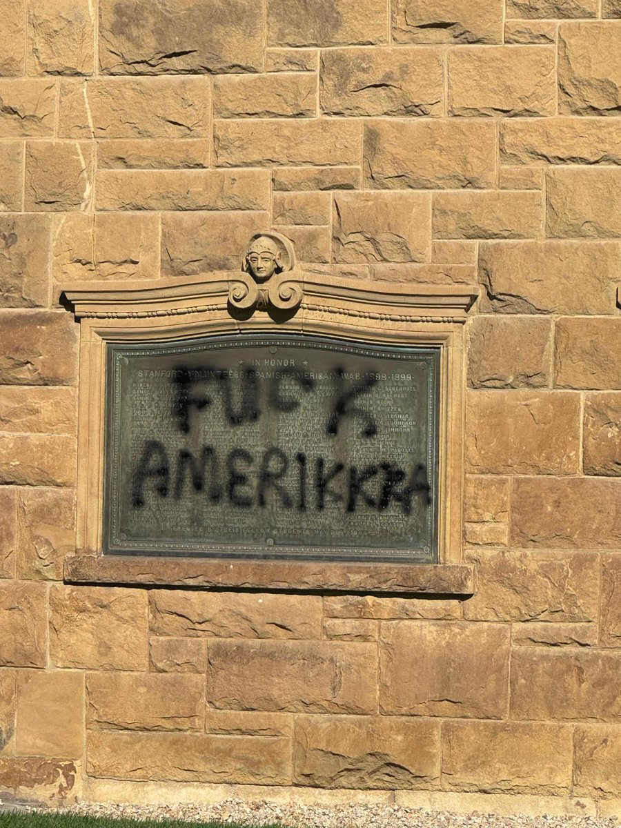 AJCGlobal's tweet photo. A building at @Stanford, including a war memorial, was defaced with hateful and antisemitic graffiti.

This is not about politics.

This is not about Israel or Gaza.

This is about waging war on American values and institutions. It's about the acceptance and adoption of totalitarian ideologies by individuals who have been radicalized.