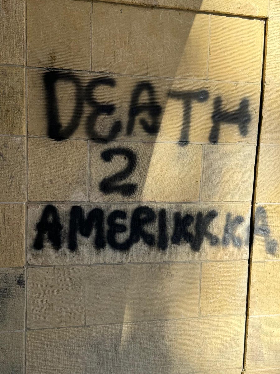 AJCGlobal's tweet photo. A building at @Stanford, including a war memorial, was defaced with hateful and antisemitic graffiti.

This is not about politics.

This is not about Israel or Gaza.

This is about waging war on American values and institutions. It's about the acceptance and adoption of totalitarian ideologies by individuals who have been radicalized.