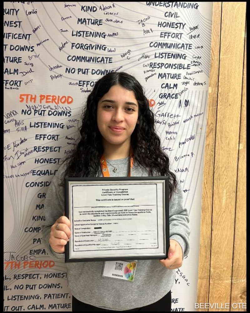 Beeville CTE Law Enforcement student Victoria passed the Texas Department of Public Safety Non-Commissioned Security Officer Level II industry training and exam during the 2023-24 school year!  Congratulations on your success and this important step toward your future!