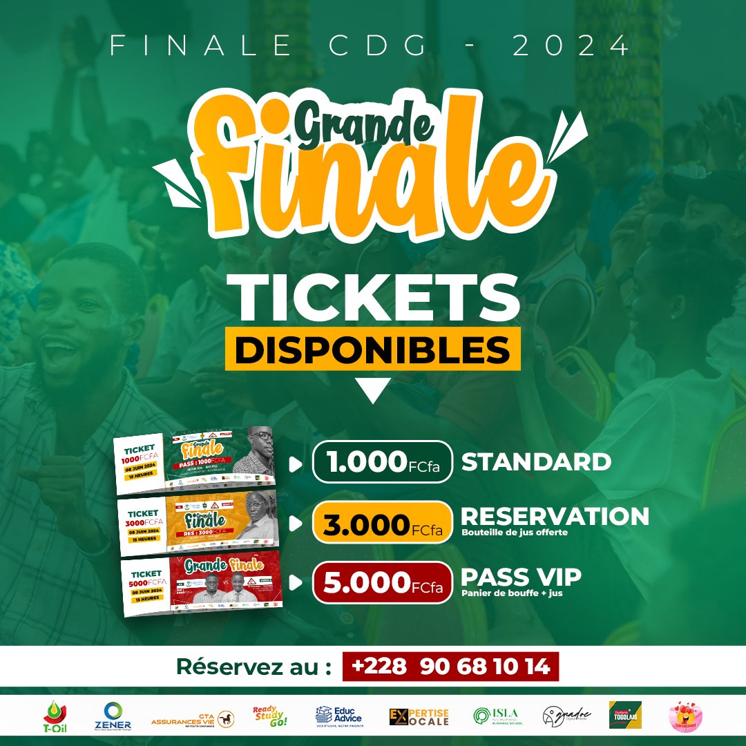 C_Du_Genie's tweet photo. A CHACUN SON TICKET 😎

Encore quelques tickets disponibles 

Les tickets de 1.000 (Pass Simple) 

Les tickets de 3.000 (Donnant droit à un rafraîchissement)

Les tickets de 5.000 (Rafraîchissement + Un box de bouffe) 

Tickets disponibles à Kekely Digital, à l'UL et ESSEG.
#Togo https://t.co/MoLeqQokdu