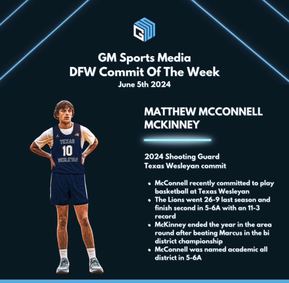 GMsportsmedia1's tweet photo. GM SPORTS MEDIA DFW COMMIT OF THE WEEK ‼️ June 5th 2024

MATT MCCONNELL | MCKINNEY 🏀 
2024 SG
TEXAS WESLEYAN COMMIT

⭐️ Lions went 26-9 &amp; finished 2nd in 5-6A with an 11-3 record
⭐️ Named academic all district
⭐️ McKinney went to the area rd after beating Marcus in bi district https://t.co/7AE1L84Rzs