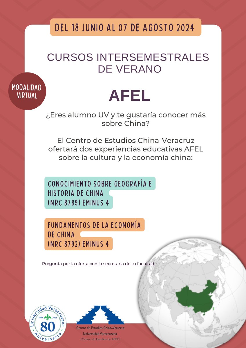 Conoce nuestra oferta educativa. tenemos programas virtuales, mixtos y presenciales, además de cursos de licenciatura, maestría y diplomados.
Contamos con inscripciones a las AFEL para intersemestral de verano, si eres alumno UV pregunta por esta oferta educativa.