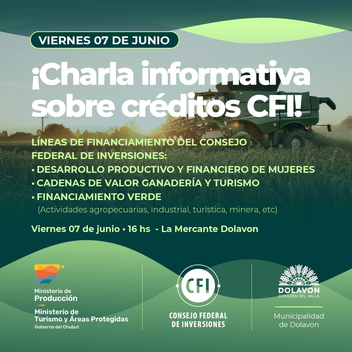 ¡Charla informativa sobre créditos por parte del Consejo Federal de Inversiones! 

👇🏽Tres líneas de financiamiento:

🔸️Desarrollo productivo y financiero de mujeres 
🔸️Cadenas de valor ganadería y turismo 
🔸️Financiamiento Verde.

#Dolavon #Chubut #Patagonia #Créditos #CFI