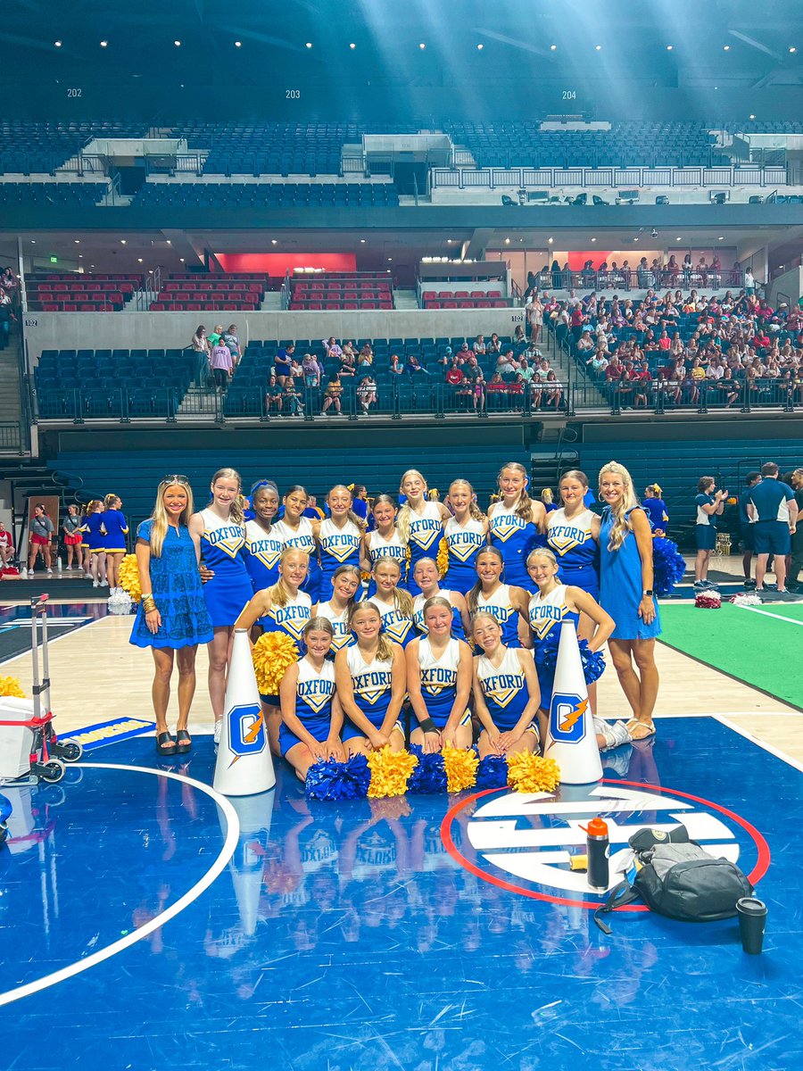 WE ARE OXFORD! 
2nd place in camp routine (dance &amp; pyramid) 
1st place in the Cheer Portion 
1st place in Spirit Competition (Band Chant, Sideline, Cheer) 

We also completed 209 St. Jude letters. We received a spirit stick for this because we completed the most out of all teams.