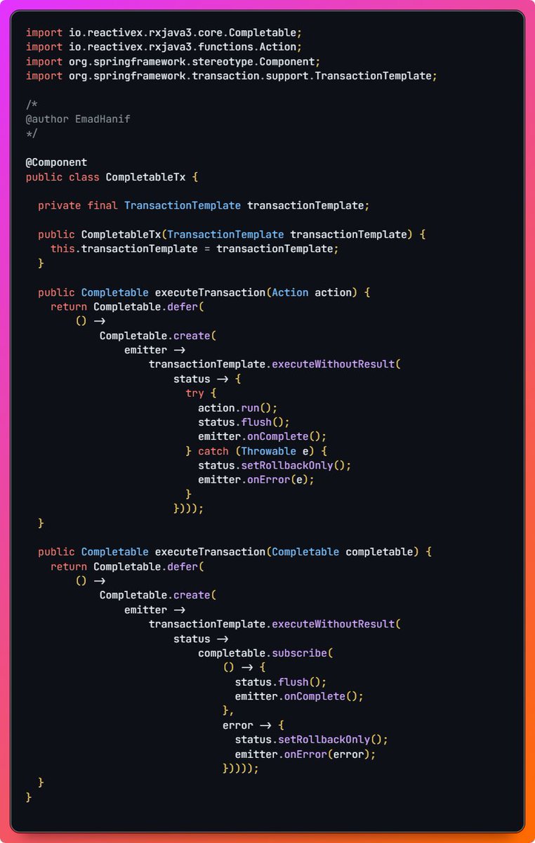 EmadHanif_'s tweet image. Here’s an implementation for managing transaction using #RxJava and Spring’s Transaction Template. In a reactive context, using @Transactional annotation doesn’t work correctly.