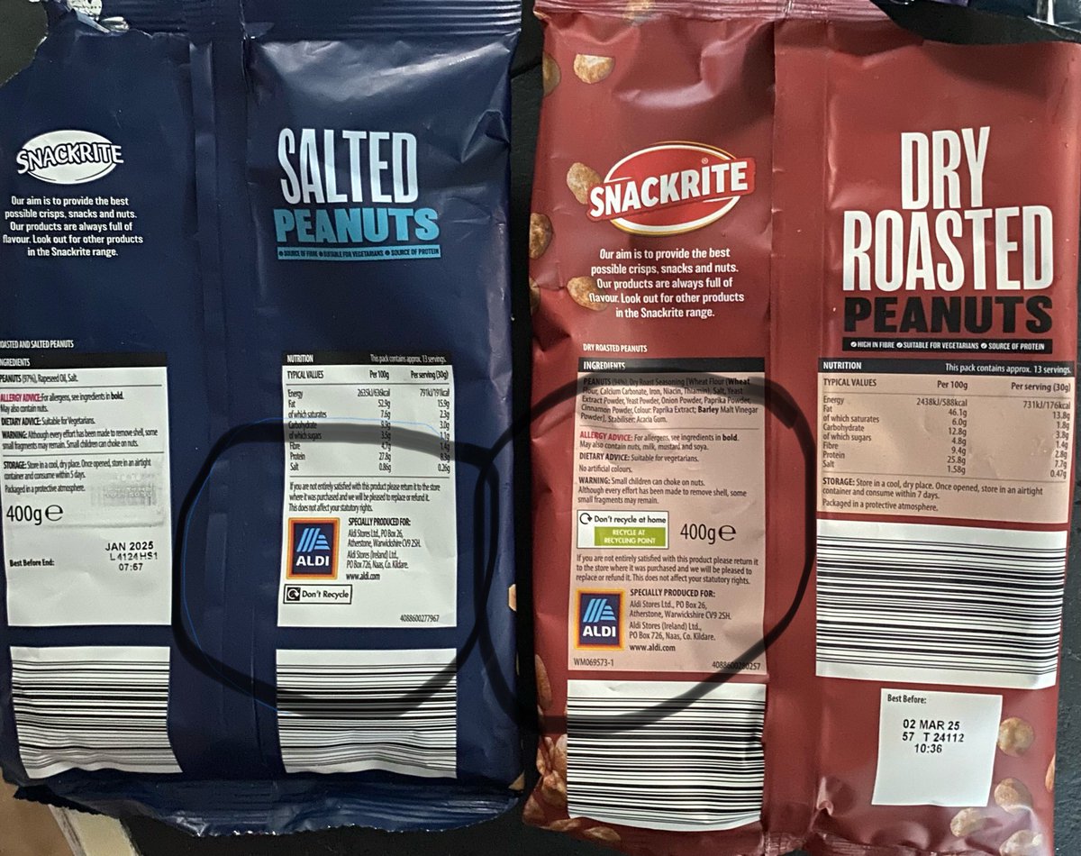 Oarsome's tweet photo. @AldiUK what is the difference?! Why is one ok and the other not?! 🤨#confused #recycling. https://t.co/6N7XH8tpkS
