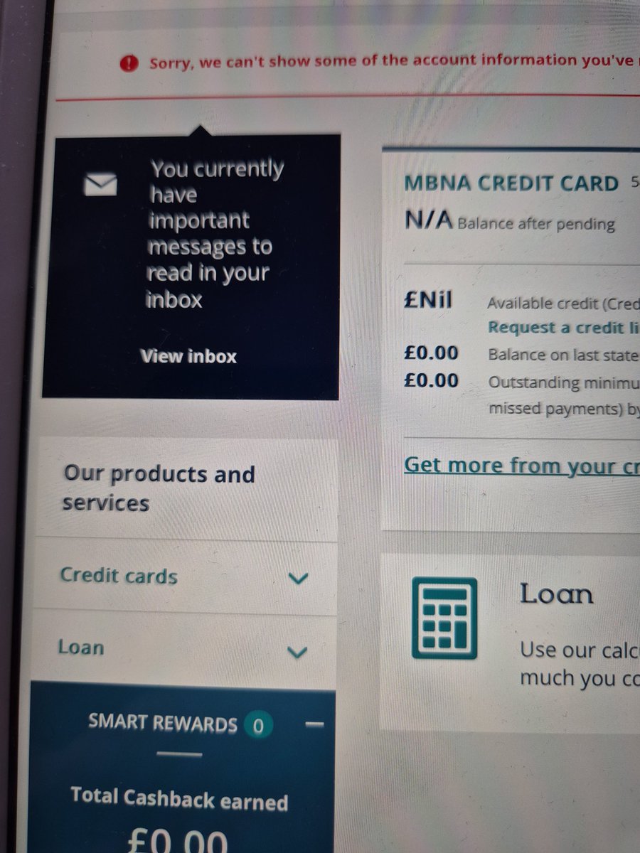 robway70's tweet photo. @mbna I am getting this message on my account.  tried on phone app (wifi or data) and my ipad through the browser. Notice others have reported the same thing as well. https://t.co/W1XPO0ohNS