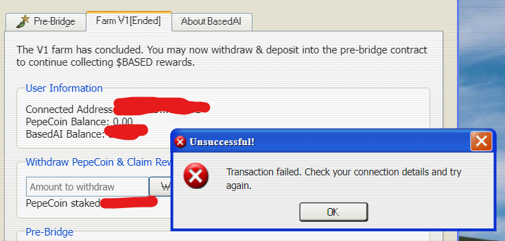tsubased's tweet photo. @getzerod @pepecoins What if we still have tokens in V1 Farm? I tried to withdraw and ran into errors. Also pretty sure my Based rewards are gone... https://t.co/mREy9FZRWi