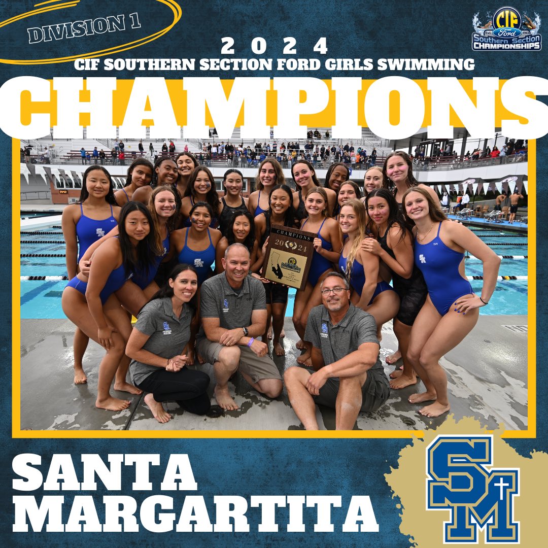 CIFSS's tweet photo. CONGRATULATIONS to your 2024 CIF Southern Section @SoCaliFord Girls Swimming Champions! πββοΈπ
D1: Santa Margarita
D2: Villa Park
D3: Quartz Hill
D4: Mayfair
#CIFSSSwimming https://t.co/Lm9EniPphl