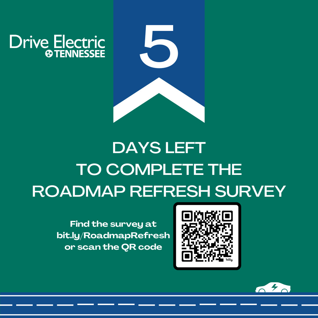 ❗ Take the Roadmap Refresh Survey!❗
DriveElectricTN is seeking input from stakeholders on important aspects of transportation electrification to be included in a second edition of the EV Roadmap.
⏰The Survey closes Monday, June 10⏰
📣Use the link, bit.ly/RoadmapRefresh📣