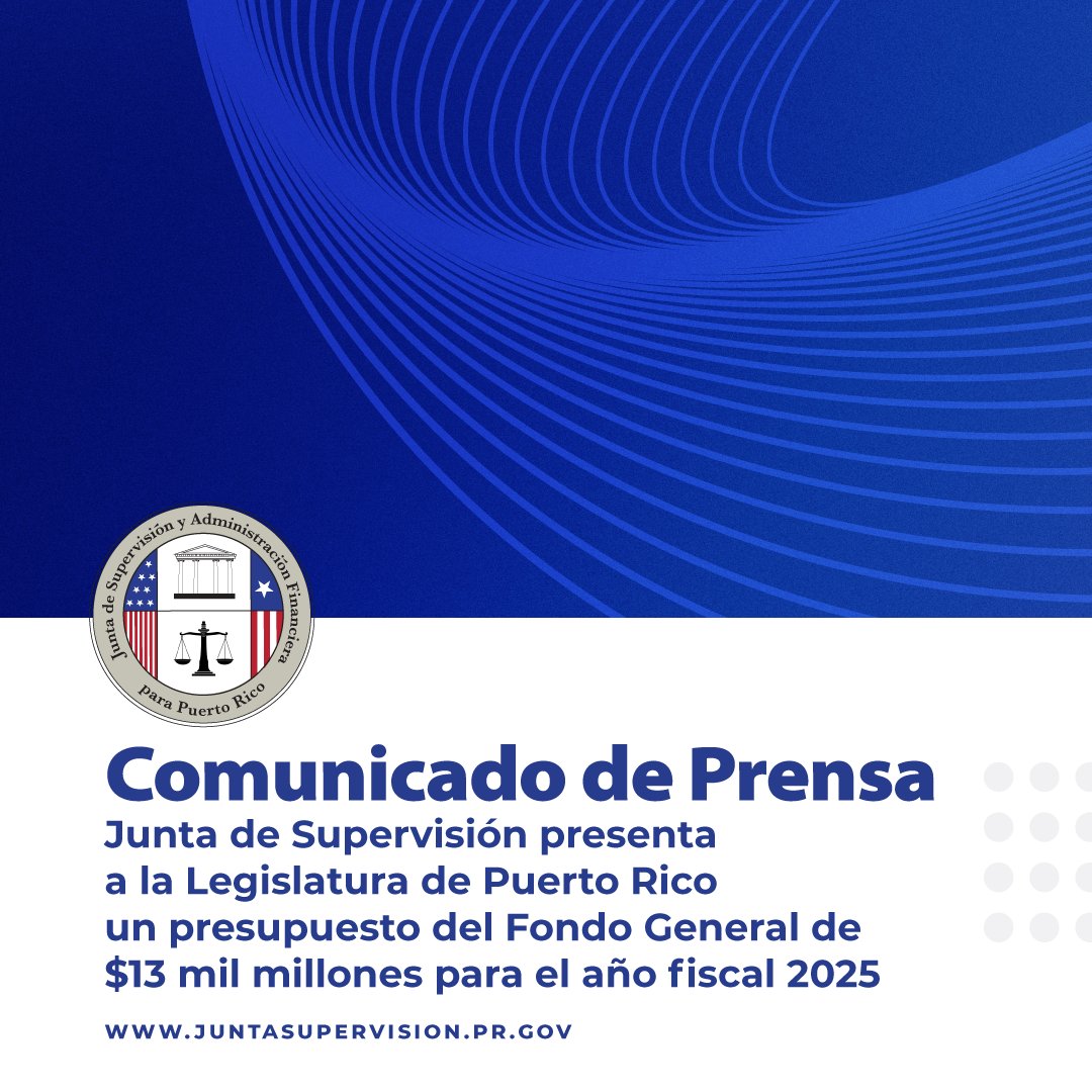 FOMBPR's tweet photo. El presupuesto para el año fiscal 2025 incluye un aumento de 3% y un aumento en la financiación para educación, salud y seguridad pública. En o antes del 30 de junio, la #JSAF certificará el presupuesto conforme con el #PlanFiscalPR.
Comunicado de prensa: https://t.co/UoAn7ZoANj https://t.co/uKNwDGkeBQ