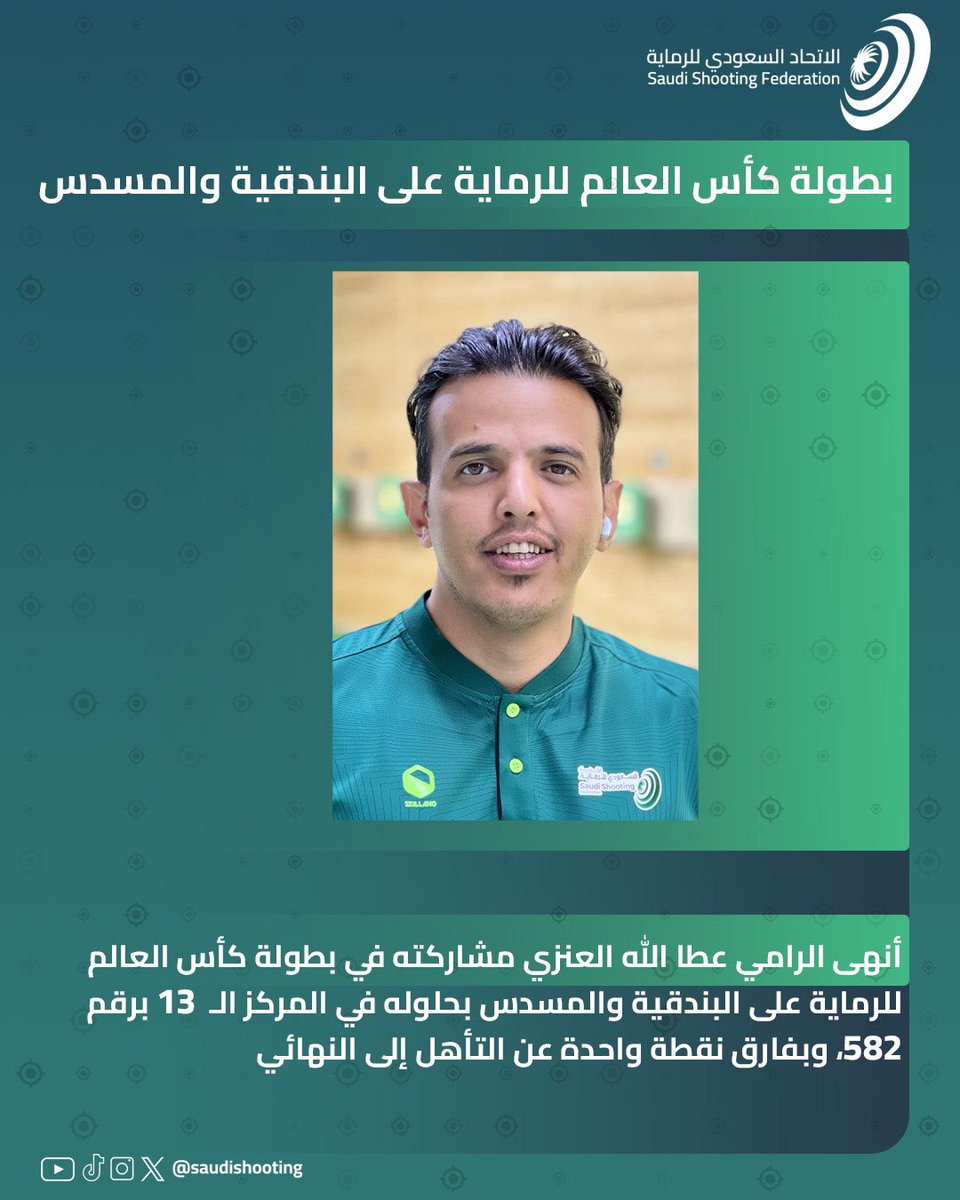 أنهى الرامي عطا الله العنزي مشاركته في بطولة كأس العالم للرماية على البندقية والمسدس بحلوله في المركز الـ 13 برقم 582، وبفارق نقطة واحدة عن التأهل إلى النهائي..

ما قصرت يا بطل🇸🇦

رابط النتيجة⬇️
issf-sports.org/competitions/r…