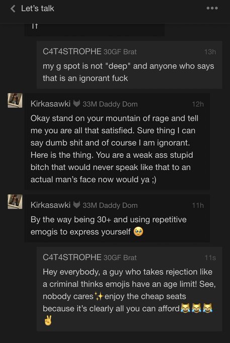 Men still out here acting like predators when they get rejected. &ldquo;Actual&rdquo; men don&rsquo;t talk like this. https://t<a href="/tag/amateurhour"class="tags"><span>#amateurhour</span></a><a href="/tag/itsbristolbaby"class="tags"><span>#itsbristolbaby</span></a><a href="/tag/speedwayinlight"class="tags"><span>#speedwayinlight</span></a>