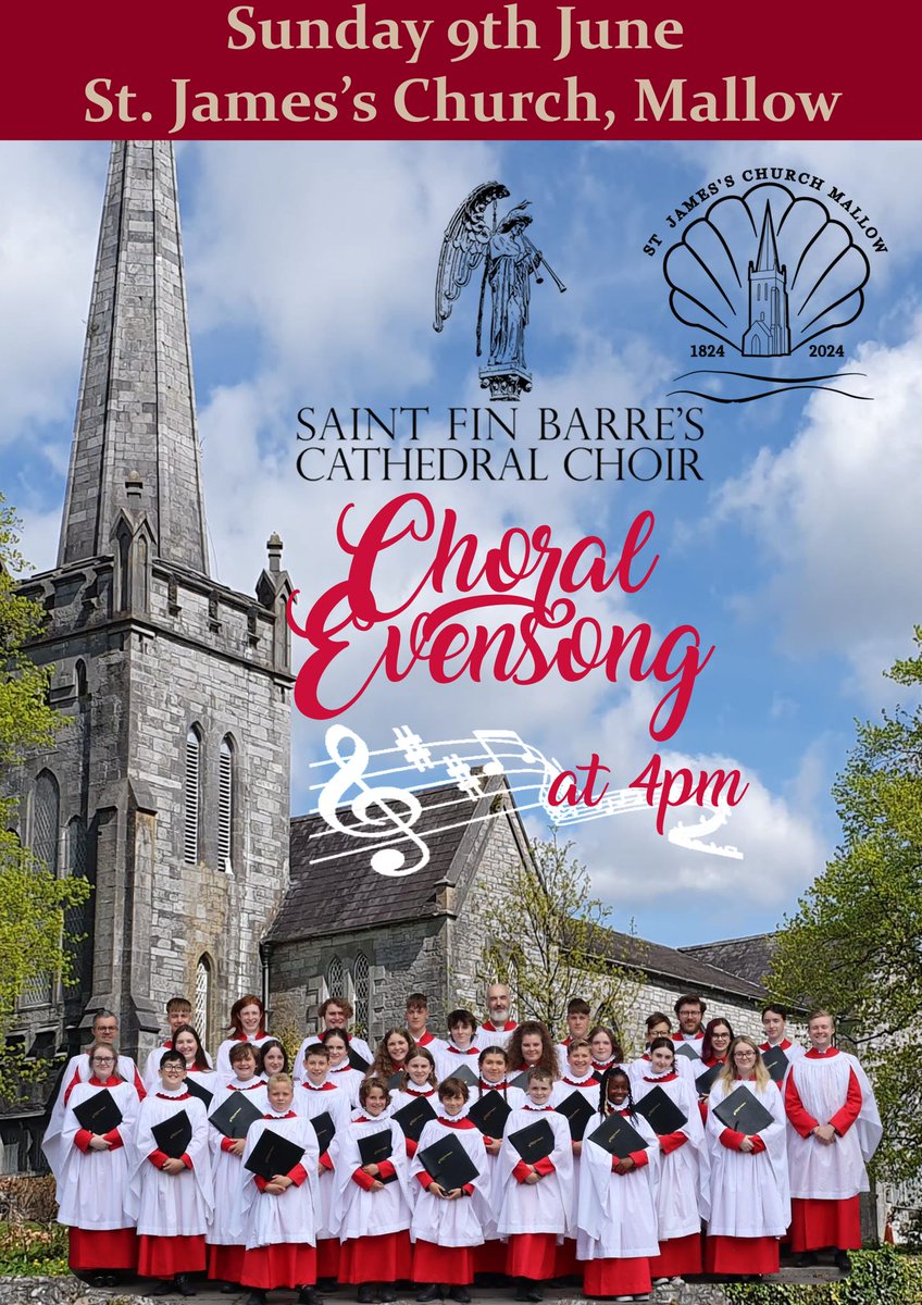 StJamesmallow's tweet photo. St. Fin Barre's Cathedral Choir Choral Evensong next Sunday the 9th of June at 4pm in St. James's Church, Mallow. 
All are welcome! 
Refreshments served afterwards in the Parish Hall. 

#FREE #nocharge #choralmusic #choir #Church #evensong https://t.co/RCFN4o4SDi