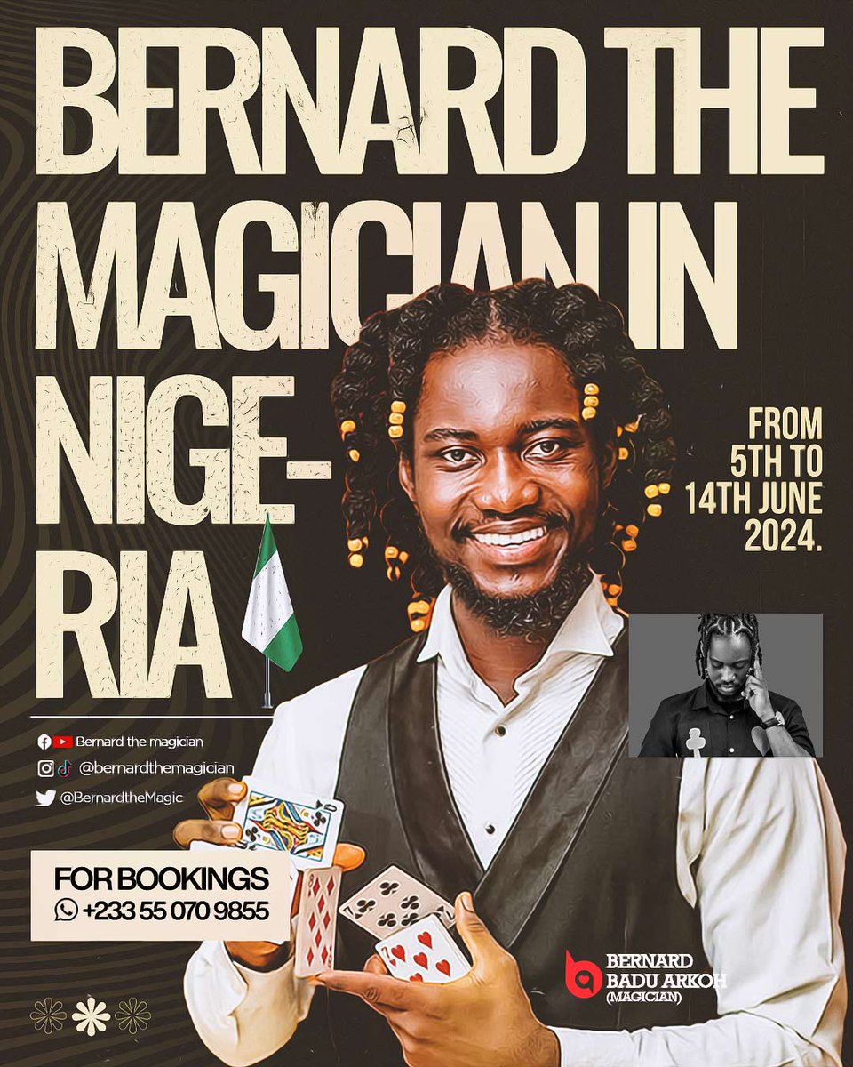 From 5th through to 14th June, I'll bring all the magic to Nigeria.

Hit me up for any bookings or contact +233 55 070 9855