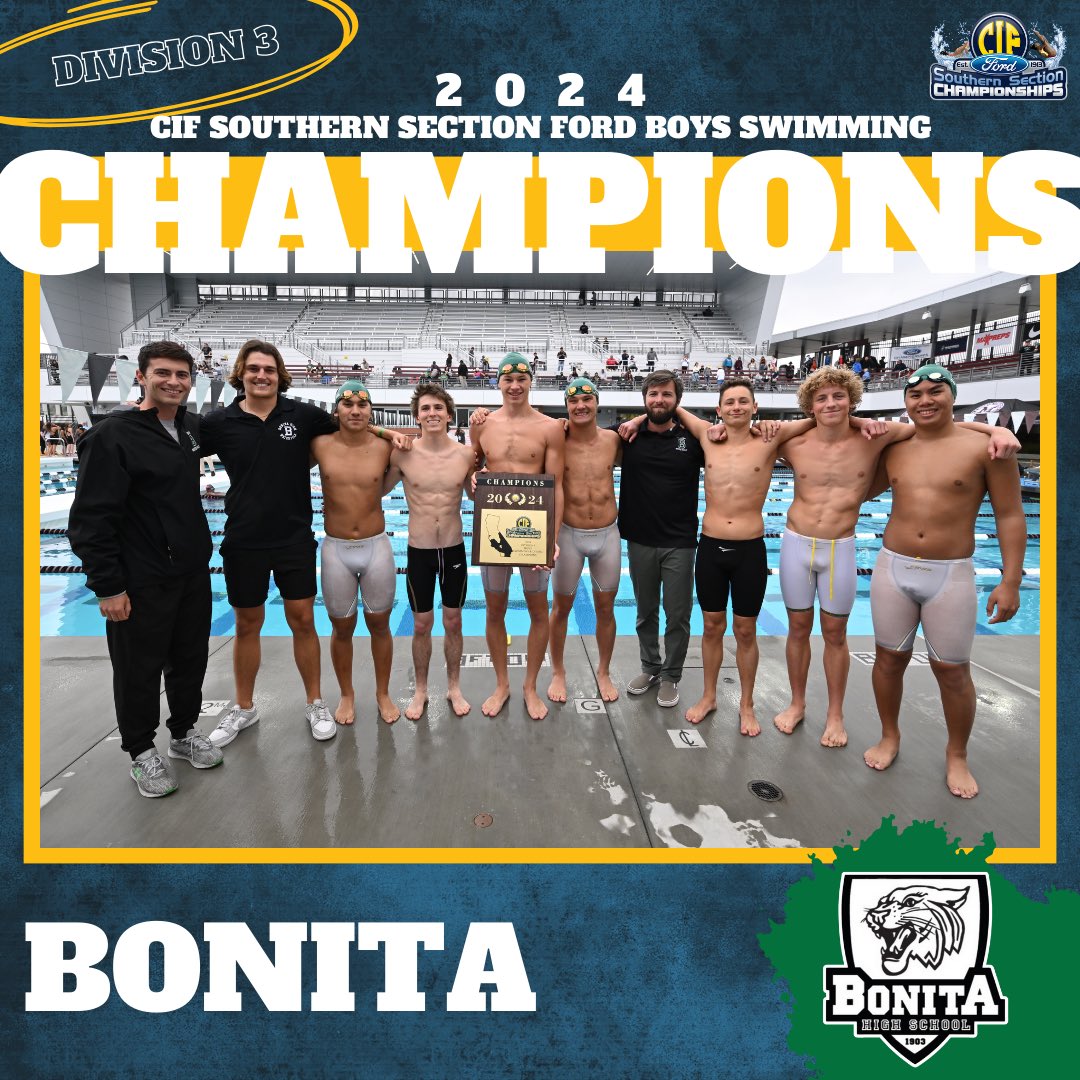 CIFSS's tweet photo. CONGRATULATIONS to your 2024 CIF Southern Section @SoCaliFord Boys Swimming Champions! πββοΈπ
D1: Santa Margarita
D2: Costa Mesa
D3: Bonita
D4: Thousand Oaks
#CIFSSSwimming https://t.co/f9T0Lhbvbo