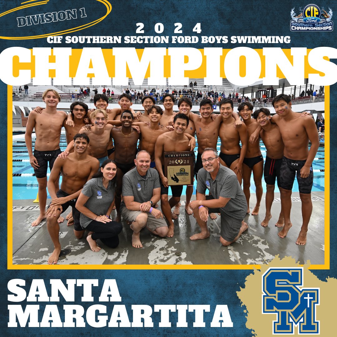 CIFSS's tweet photo. CONGRATULATIONS to your 2024 CIF Southern Section @SoCaliFord Boys Swimming Champions! πββοΈπ
D1: Santa Margarita
D2: Costa Mesa
D3: Bonita
D4: Thousand Oaks
#CIFSSSwimming https://t.co/f9T0Lhbvbo