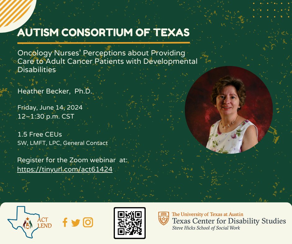 Please join us for a webinar on Friday, June 14th from 12 pm to 1:30 pm. Earn 1.5 CEU's for attending.

Topic:  Oncology Nurses’ Perceptions about Providing Care to Adult Cancer Patients with Developmental Disabilities.

Register here:
tinyurl.com/act61424