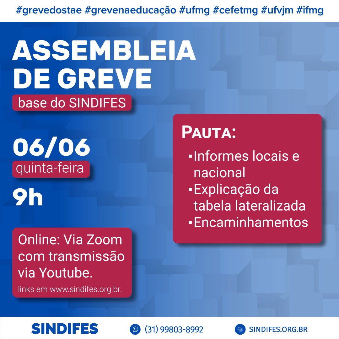 📢 O Comando de Greve do SINDIFES convoca a base para participar da Assembleia de Greve remota nesta quinta, 6/6, às 9h. Participe pelo Zoom ou acompanhe pelo canal do Youtube do SINDIFES. Informações em: acesse.dev/a5OwX
#grevedostae #grevenaeducação #sindifes #pcctae