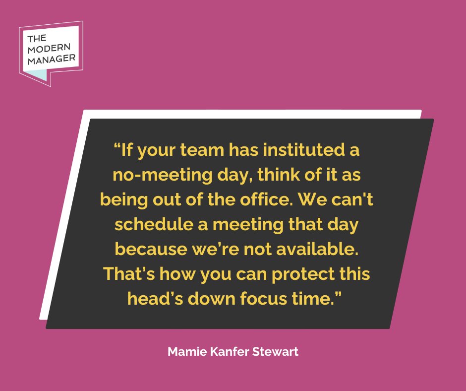 mamieks's tweet image. If your team has a designated no-meeting day, treat it as if you’re all out of the office. 

Let external stakeholders know your team is unavailable for meetings on that day to safeguard your head's down focus time.  

#Productivity #TeamFocus #nomeetingday