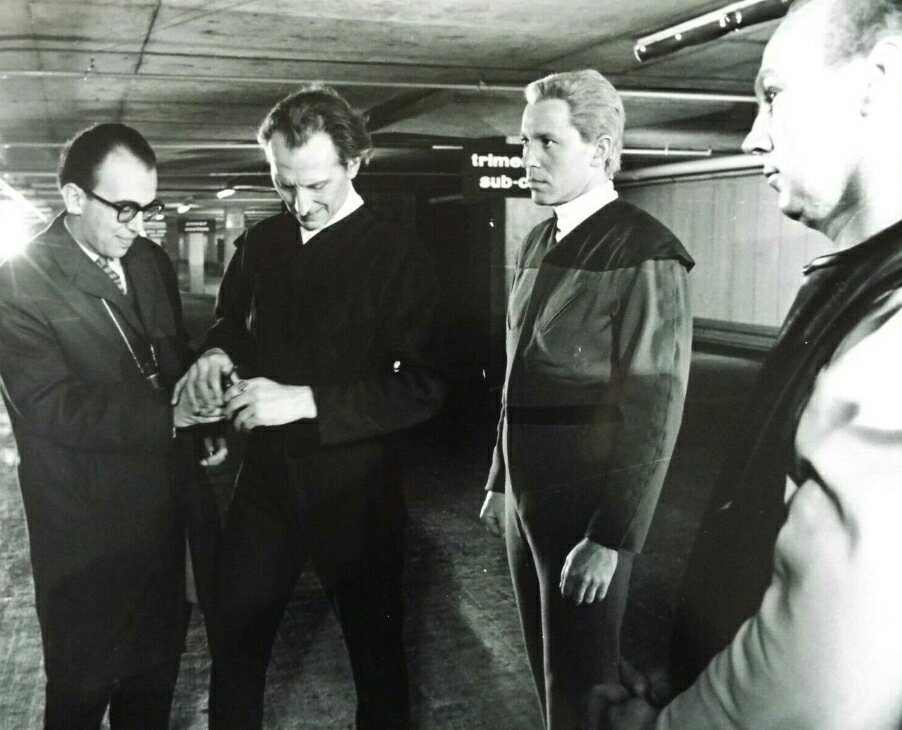 Production stills from Story Parade  - The Caves of Steel (tx 5th June 1964). Starring Peter Cushing and John Carson, it was adapted by Terry Nation from the novel by Isaac Asimov. 1/2.
