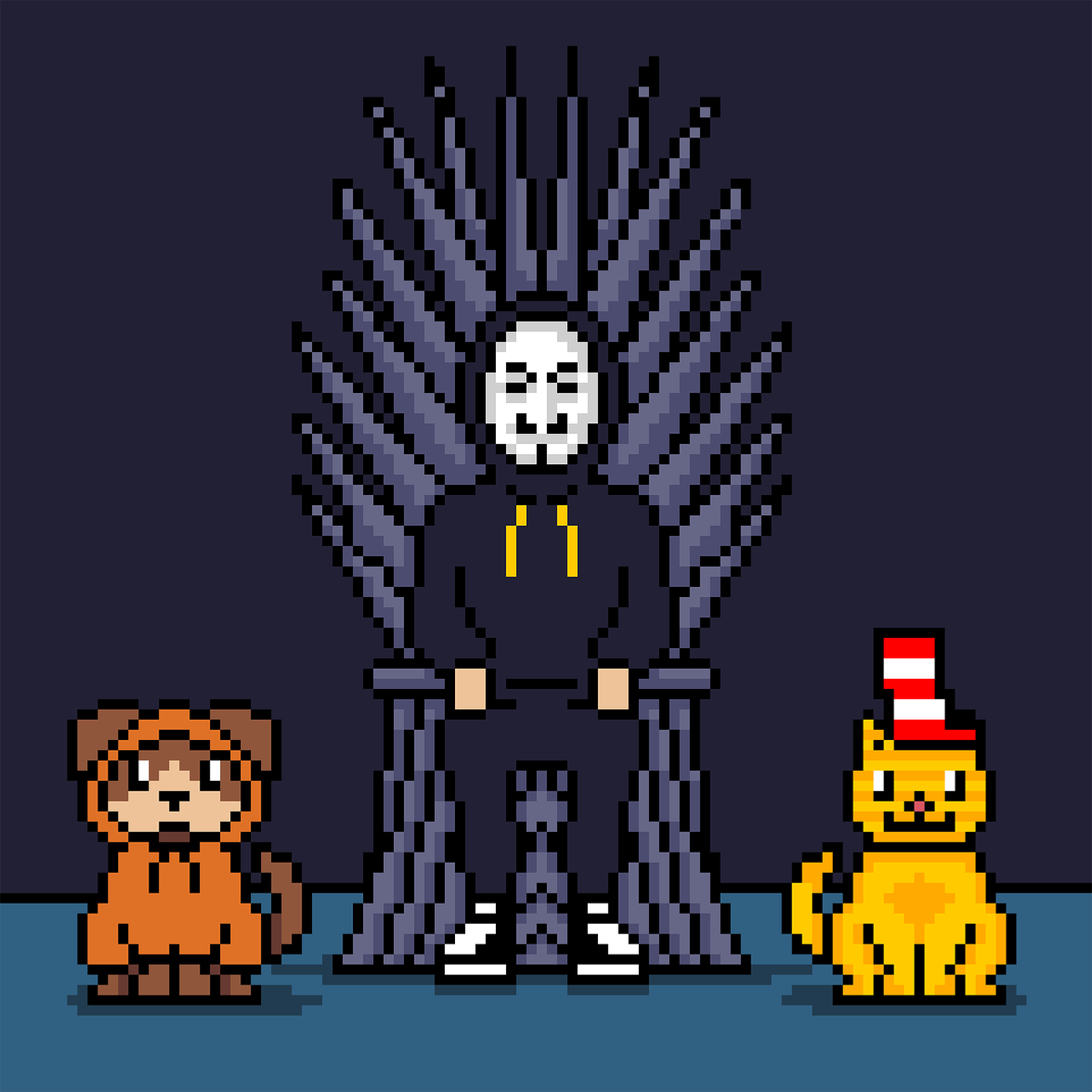catsinthesats's tweet photo. Behold, king Satoshi on the #Bitcoin Throne, guarded by his faithful dog and wily cat https://t.co/jO7EMKXJwa