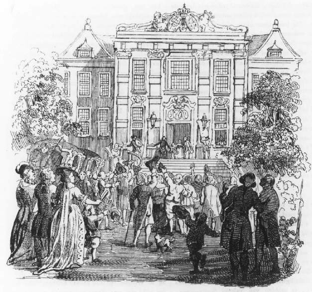 Op 5 juni 1752 is stadhouder Willem V in de Oranjezaal van Huis ten Bosch geïnstalleerd als Ridder in de Orde van de Kousenband. In plaats van de 4-jarige prins sprak baron Van Burmania de Engelse deputatie toe. Bij het avondbal lag het prinsje al in bed. Litho, @haagsarchief