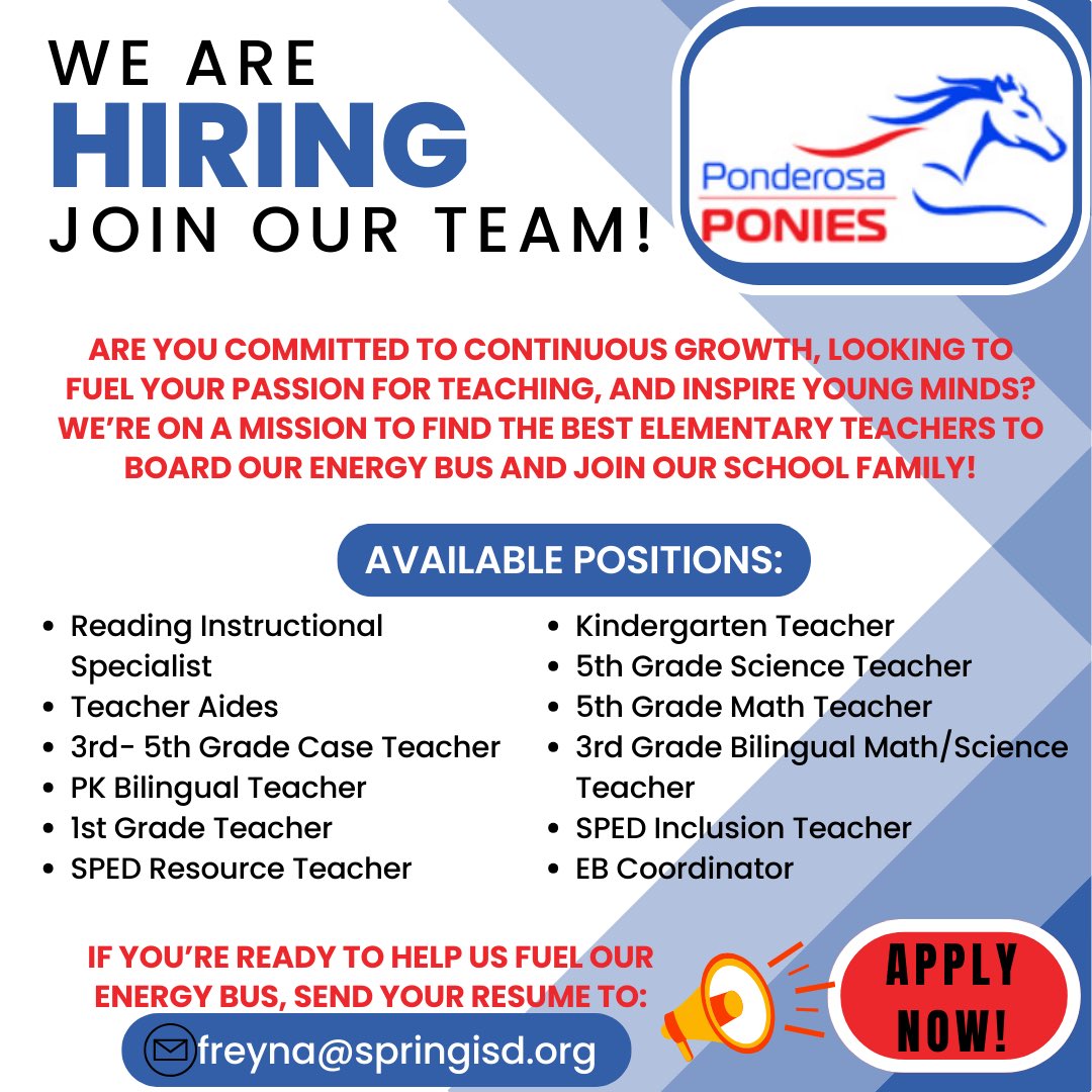 Ponderosa Elementary (@pes_spring) on Twitter photo 🗣️Are you ready to help us fill our energy bus 🚌 with excitement & join our dynamic team of dedicated and passionate educators?
If so, we’re hiring and l👀king for YOU 🫵🏼! Send your resume TODAY🤩‼️<a href="/FloralbaReyna/">Floralba Reyna</a> @MsOmotayo #teachingjobs #elementaryteachers #inclusiveeducation 🗣️Are you ready to help us fill our energy bus 🚌 with excitement & join our dynamic team of dedicated and passionate educators?
If so, we’re hiring and l👀king for YOU 🫵🏼! Send your resume TODAY🤩‼️<a href="/FloralbaReyna/">Floralba Reyna</a> @MsOmotayo #teachingjobs #elementaryteachers #inclusiveeducation