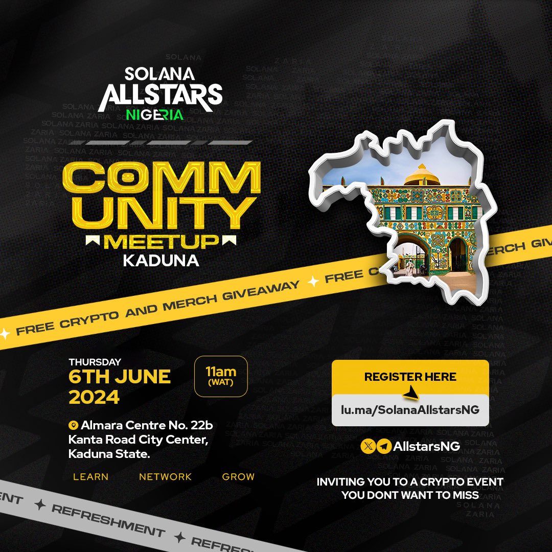 AllstarsNG's tweet photo. Mid Week, Same Goal ✨

Onboard the next billion users in crypto through @solana 

We’ll be having meetups in Tasued and Kaduna tomorrow. 

With over 1200+ registered participants, you definitely know the @allstarsNg energy is different.

We are locked and loaded 🔥 https://t.co/AcBMZH60iF