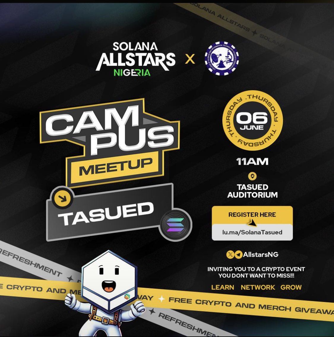 AllstarsNG's tweet photo. Mid Week, Same Goal ✨

Onboard the next billion users in crypto through @solana 

We’ll be having meetups in Tasued and Kaduna tomorrow. 

With over 1200+ registered participants, you definitely know the @allstarsNg energy is different.

We are locked and loaded 🔥 https://t.co/AcBMZH60iF