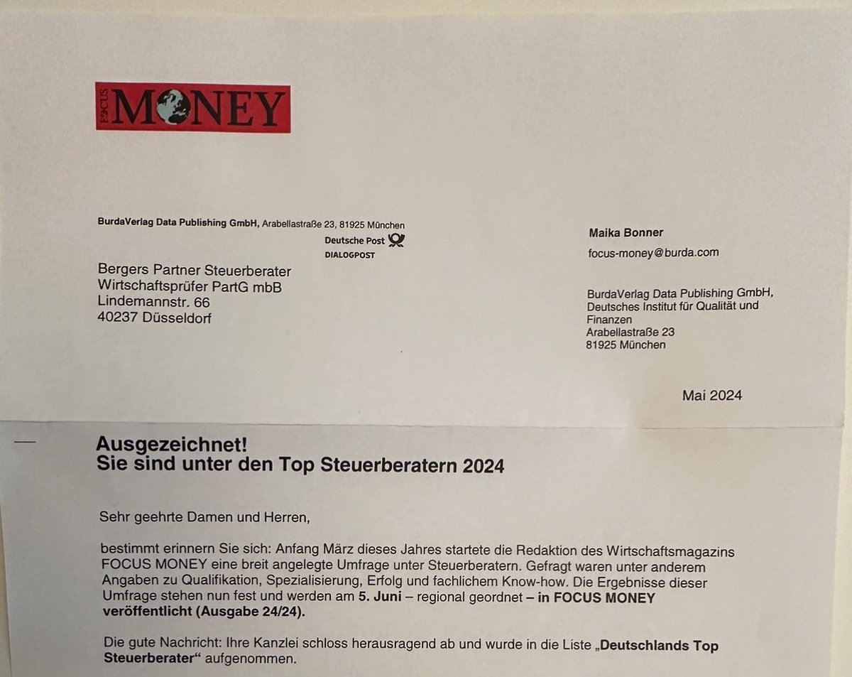 BergersPartner's tweet photo. Das gesamte #Team freut sich über die erneute Auszeichnung durch das Magazin Focus Money: TOP #Steuerberater 2024 Super!👍 Im Ranking waren wir, die einzige mittelgroße Kanzlei aus #Düsseldorf die ausgezeichnet wurde. https://t.co/ywp7aNJSYV