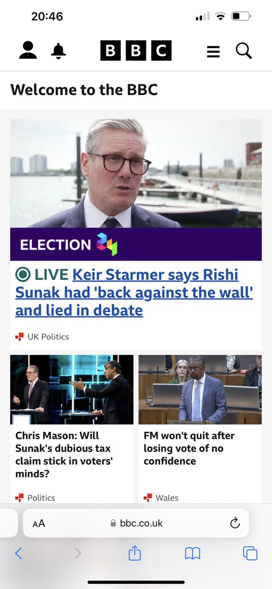 LGDCFC's tweet image. The impartial @bbc main page. may as well say vote Labour as their headline 🤨